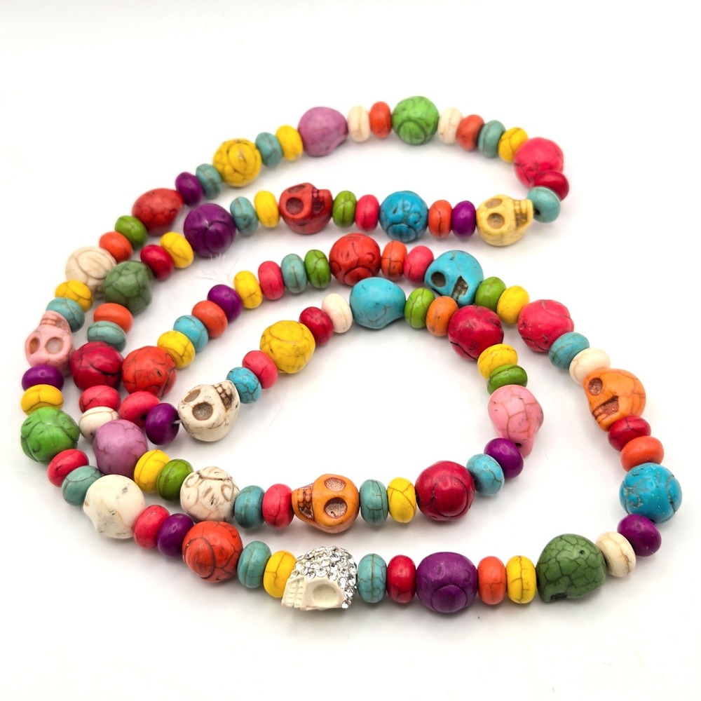 Multi Color Skull Beaded Necklace Rhinestone Accent Magnesite Turquoise Style